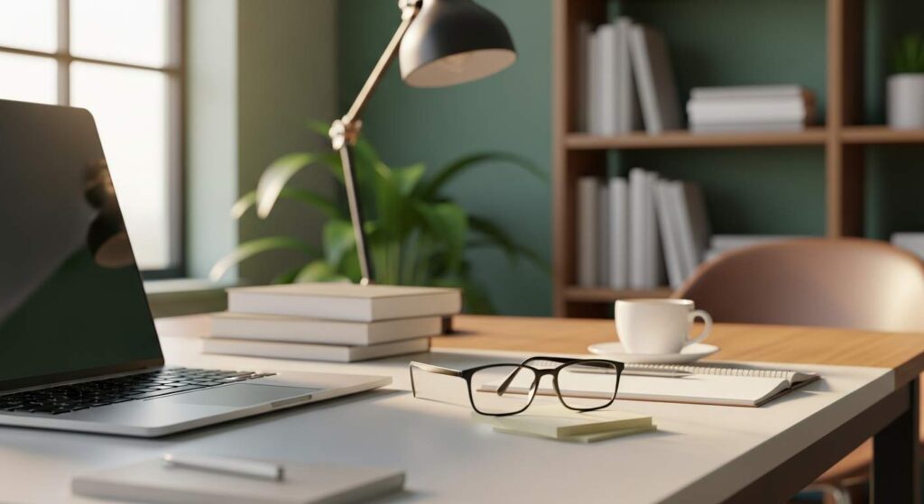 Laptop on a desk.